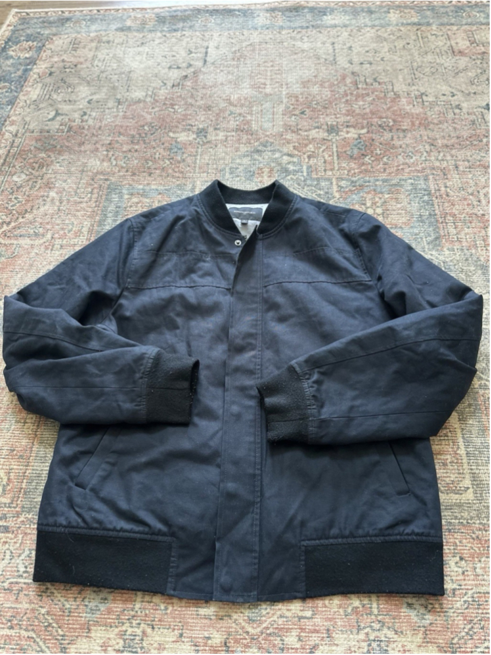 BANANA REPUBLIC Men Bomber Jacket Large Black Canvas Cotton Full Zip Snap Flight